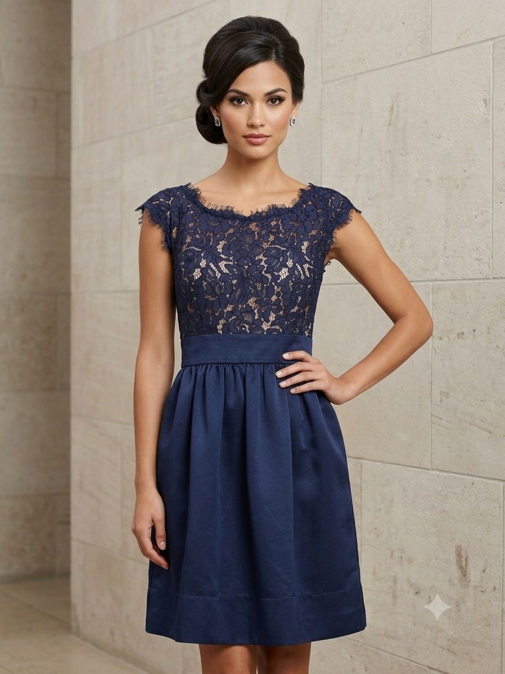 Eliza J Navy Lace Cap-Sleeve Fit & Flare Dress